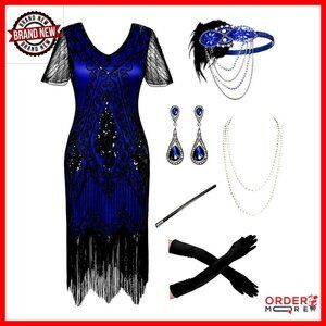 Plus Size Sequin Flapper Dress with Fringe and Tassels, Includes Accessories